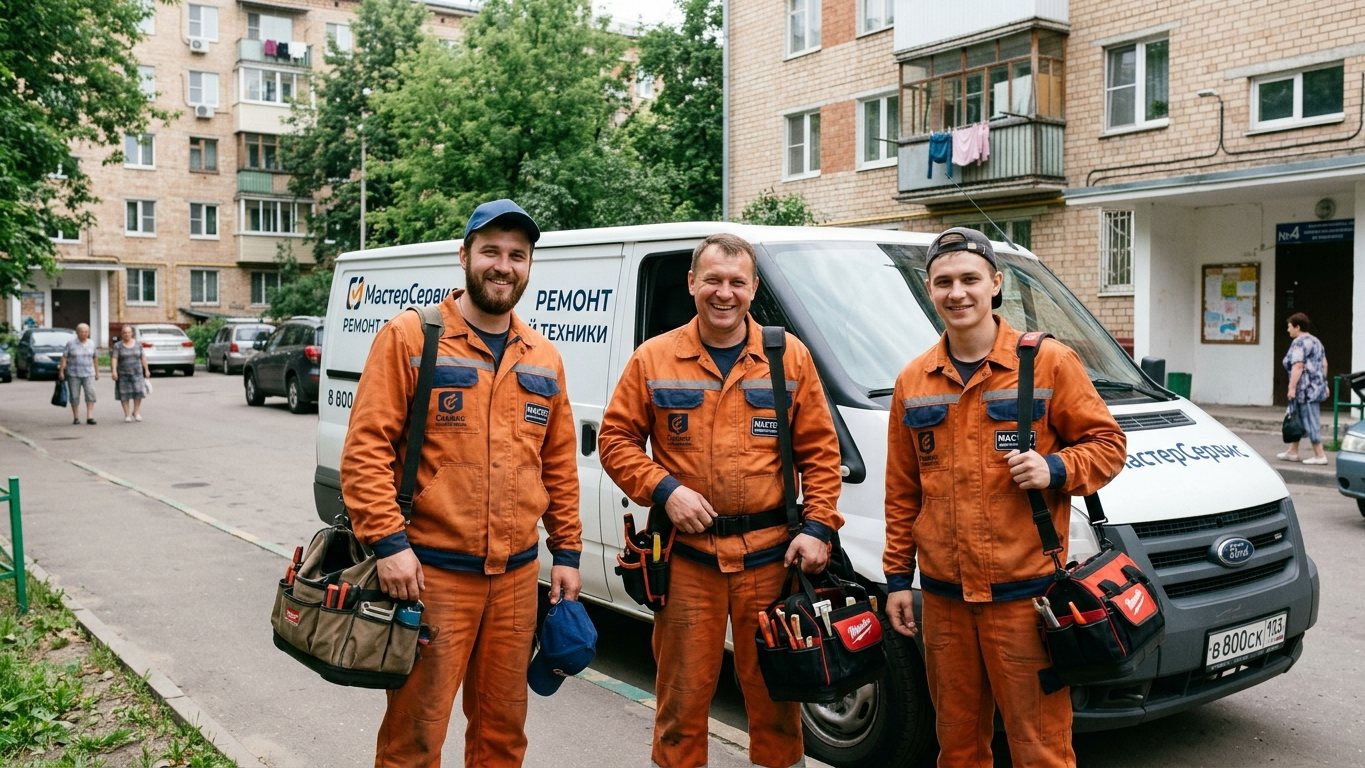 Фото: команда мастеров у сервисного авто